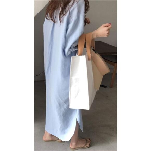 Womens Chic Button Down Rolled-Up Sleeve Long Cotton Blouse Maxi Dress - Picture 10 of 14